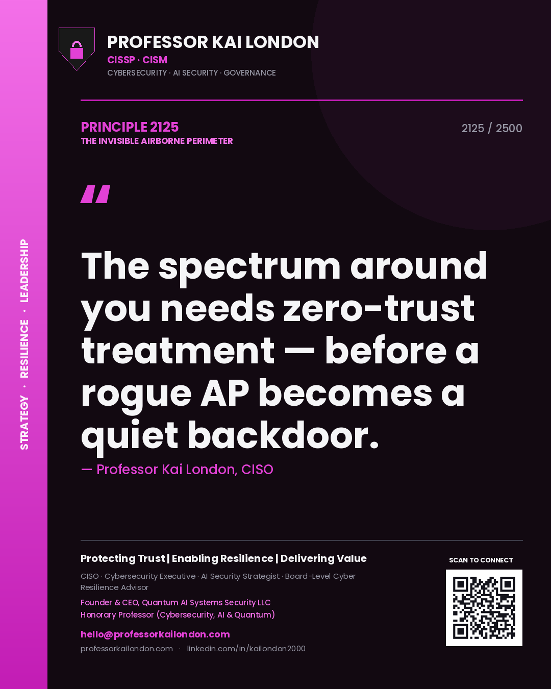Quote card by Professor Kai London reading 'The spectrum around you needs zero-trust treatment — before a rogue AP becomes a quiet backdoor.'. From the book The Invisible Airborne Perimeter.