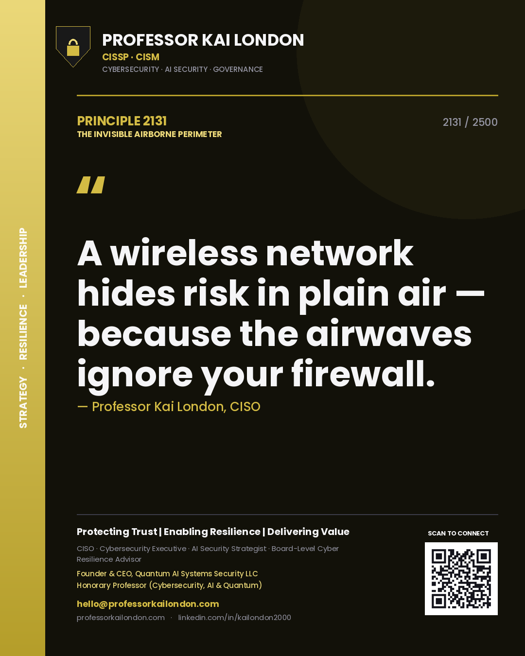 Quote card by Professor Kai London reading 'A wireless network hides risk in plain air — because the airwaves ignore your firewall.'. From the book The Invisible Airborne Perimeter.