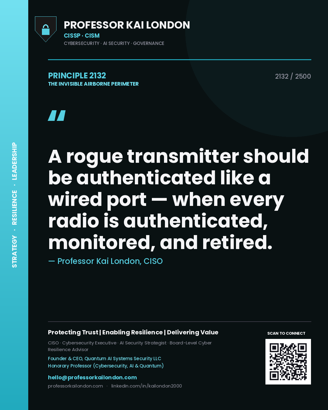 Quote card by Professor Kai London reading 'A rogue transmitter should be authenticated like a wired port — when every radio is authenticated, monitored, and retired.'. From the book The Invisible Airborne Perimeter.