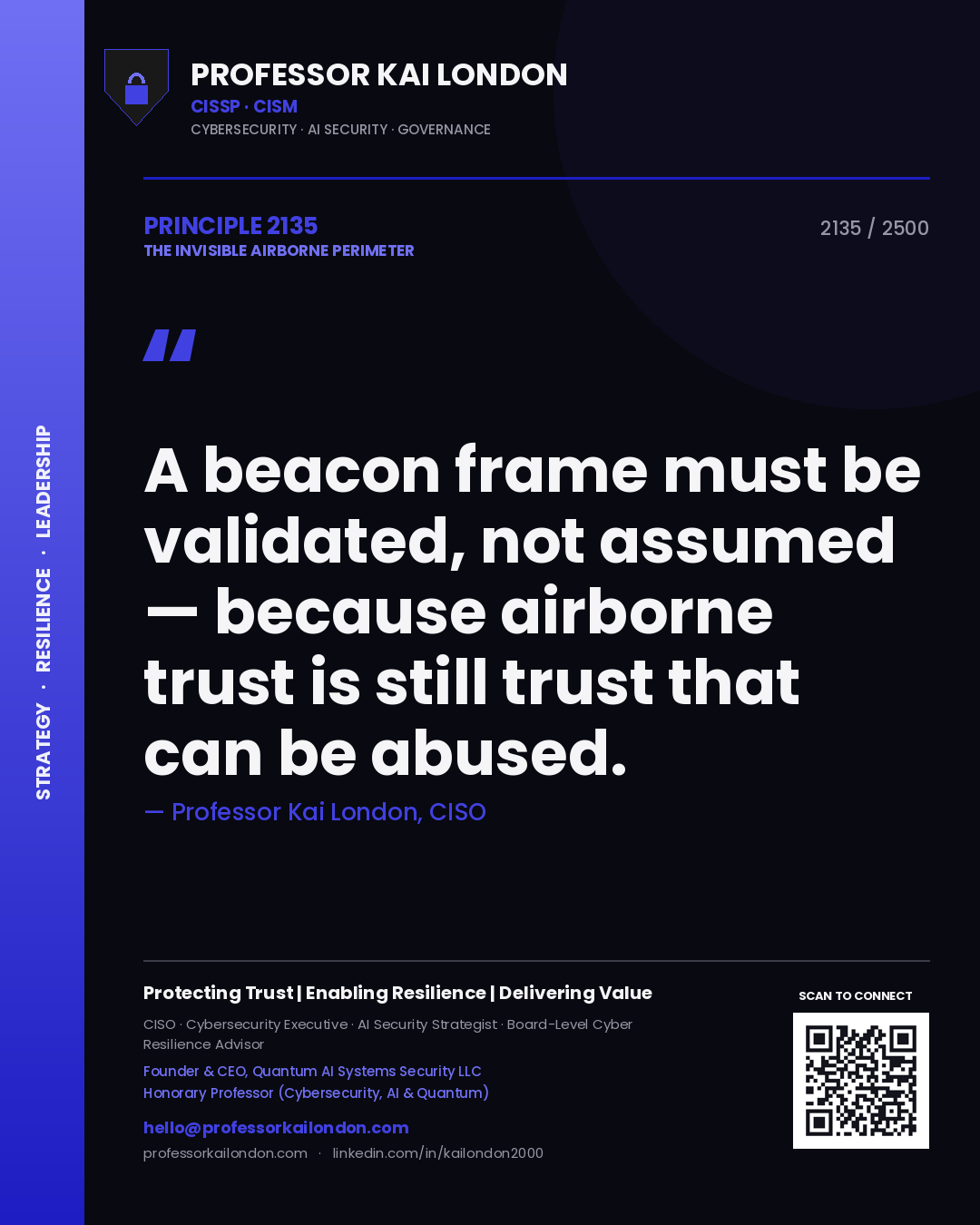 Professor Kai London principle 2135: A beacon frame must be validated, not assumed — because airborne trust is still trust that can be abused.