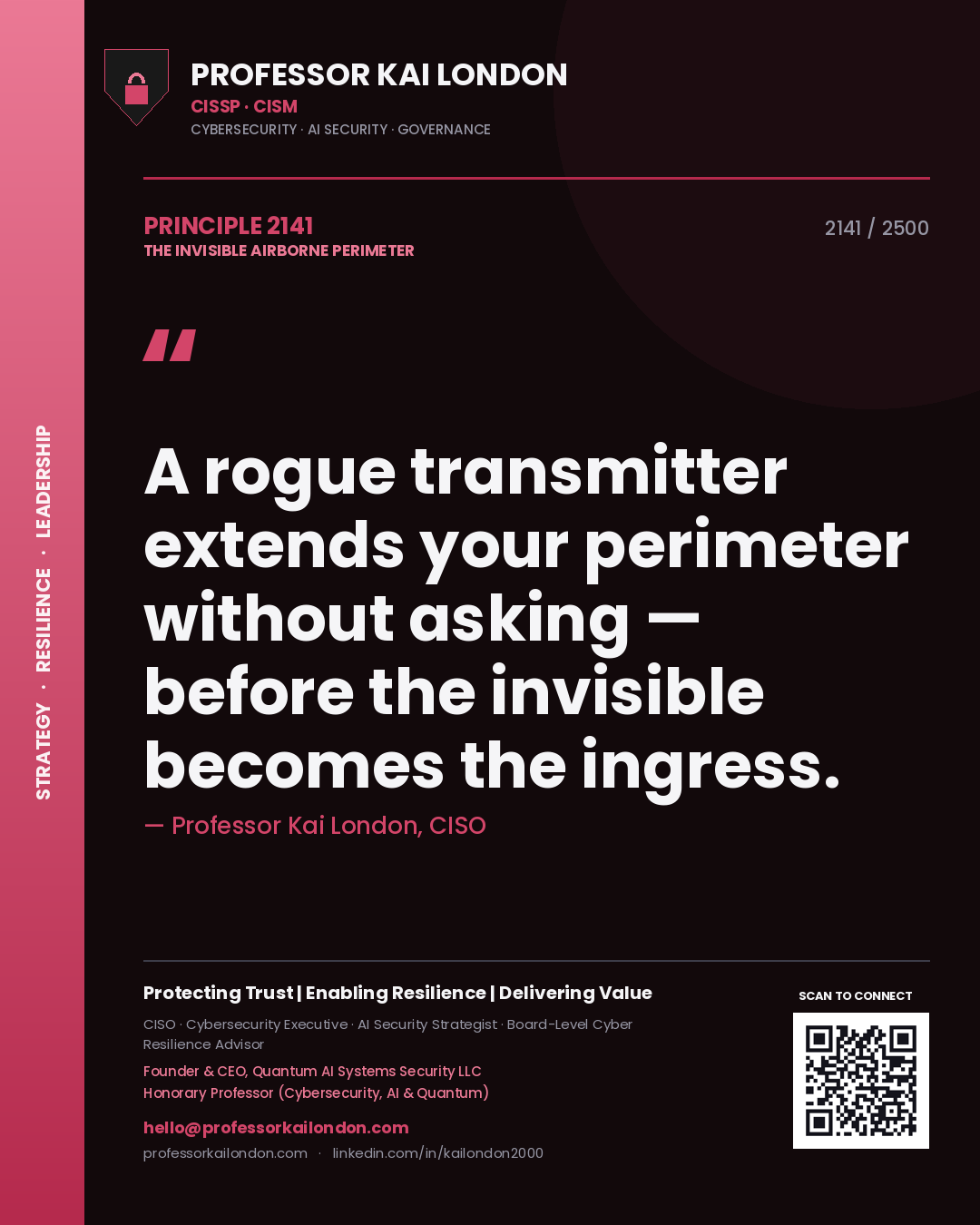 Professor Kai London principle 2141: A rogue transmitter extends your perimeter without asking — before the invisible becomes the ingress.
