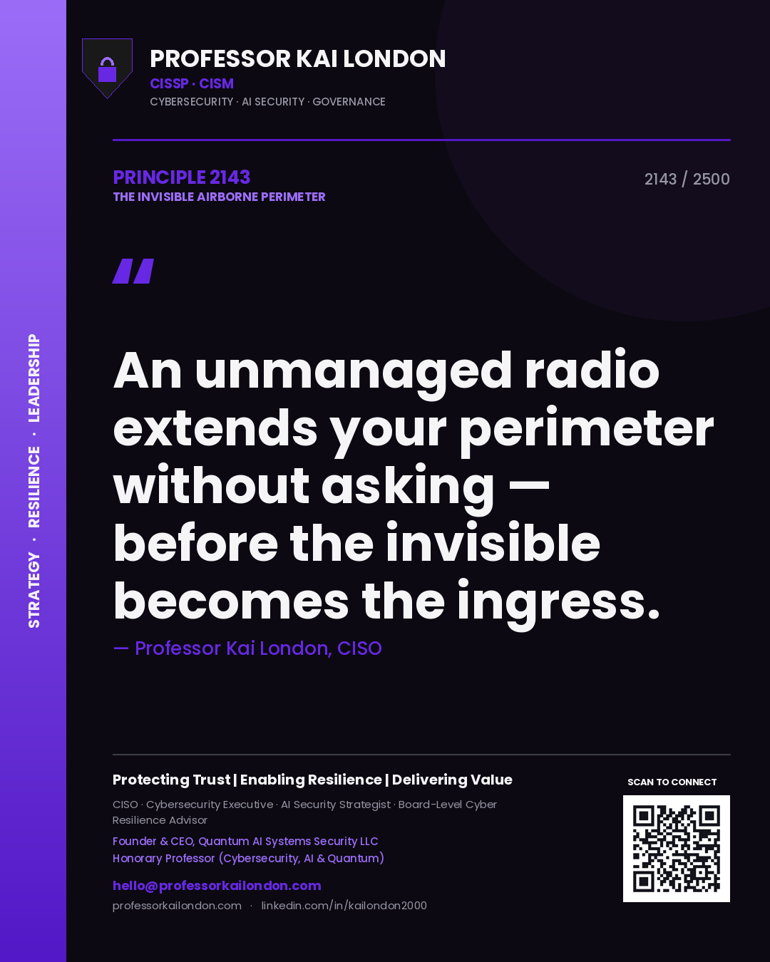 Quote card by Professor Kai London reading 'An unmanaged radio extends your perimeter without asking — before the invisible becomes the ingress.'. From the book The Invisible Airborne Perimeter.