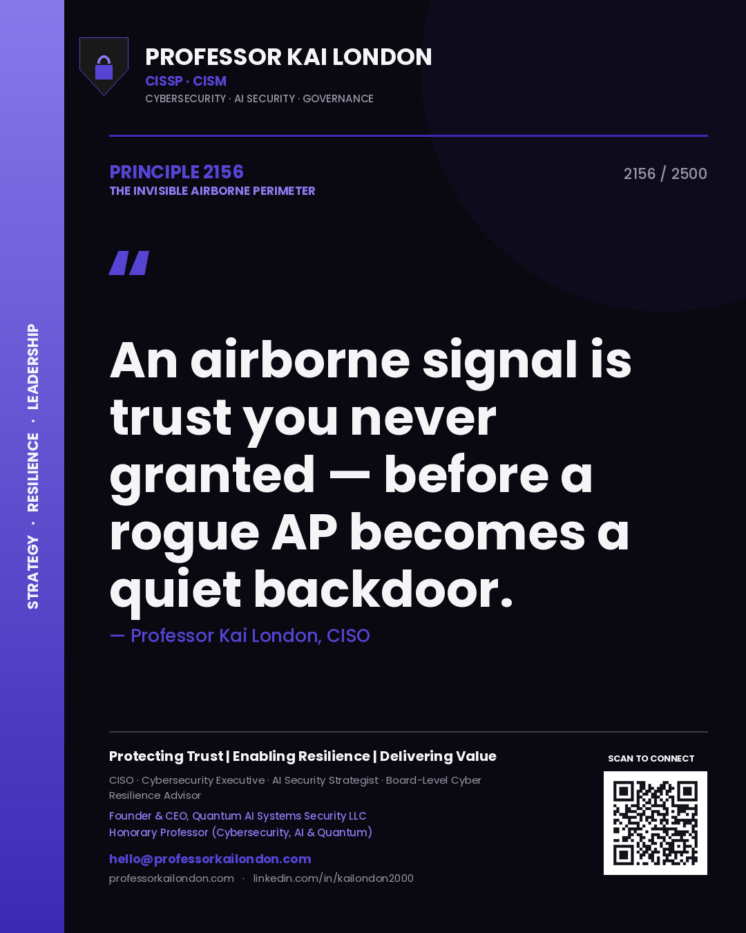 Quote card by Professor Kai London reading 'An airborne signal is trust you never granted — before a rogue AP becomes a quiet backdoor.'. From the book The Invisible Airborne Perimeter.