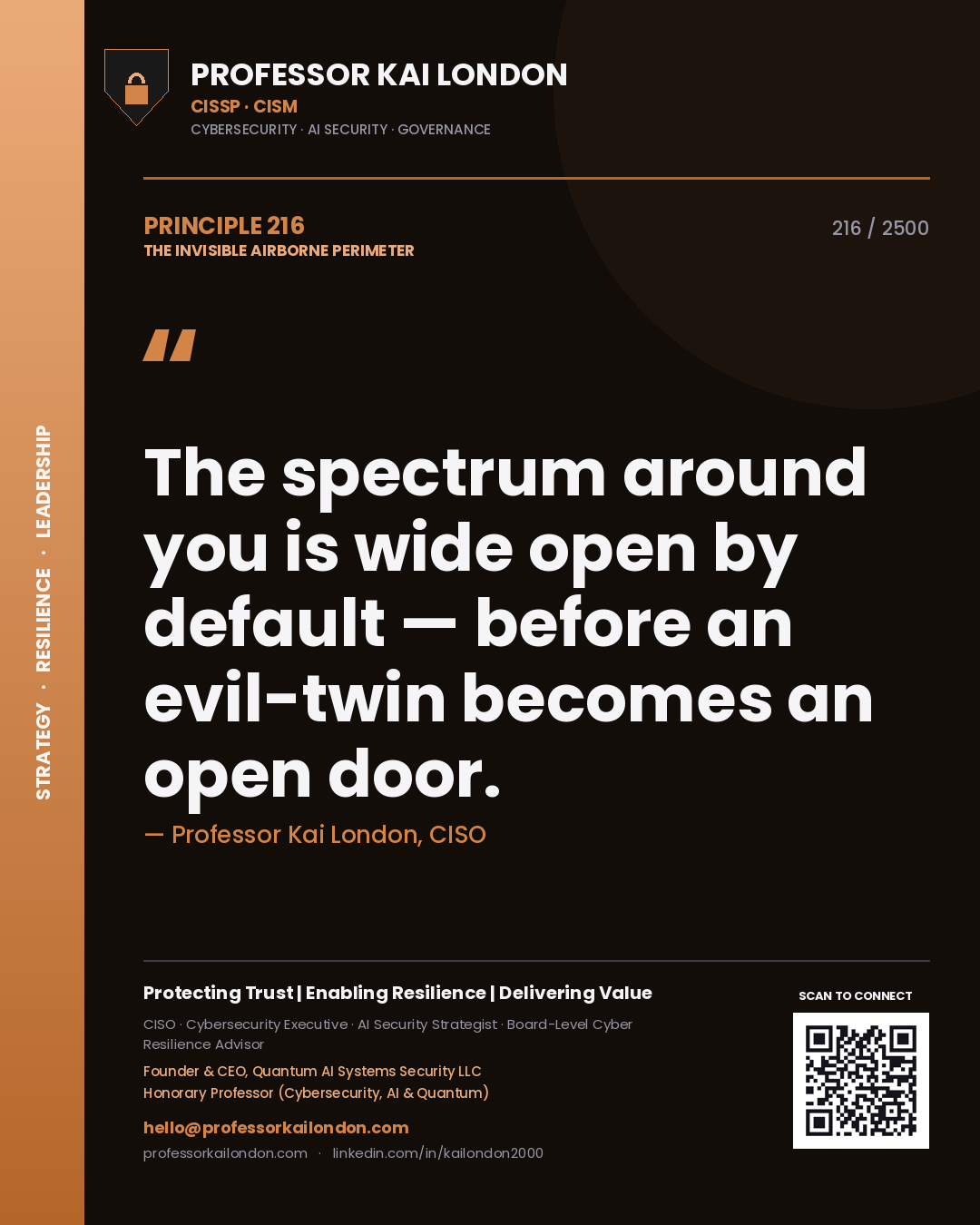 Quote card by Professor Kai London reading 'The spectrum around you is wide open by default — before an evil-twin becomes an open door.'. From the book The Invisible Airborne Perimeter.