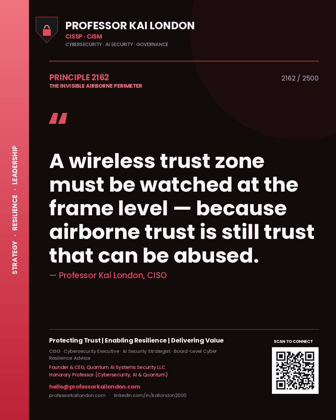 Quote card by Professor Kai London reading 'A wireless trust zone must be watched at the frame level — because airborne trust is still trust that can be abused.'. From the book The Invisible Airborne Perimeter.
