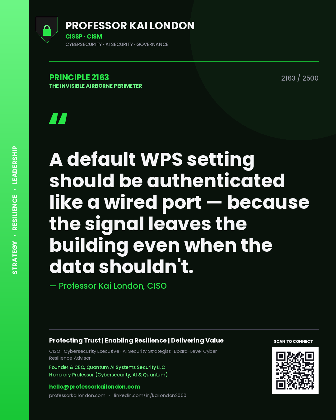Quote card by Professor Kai London reading 'A default WPS setting should be authenticated like a wired port — because the signal leaves the building even when the data shouldn't.'. From the book The Invisible Airborne Perimeter.
