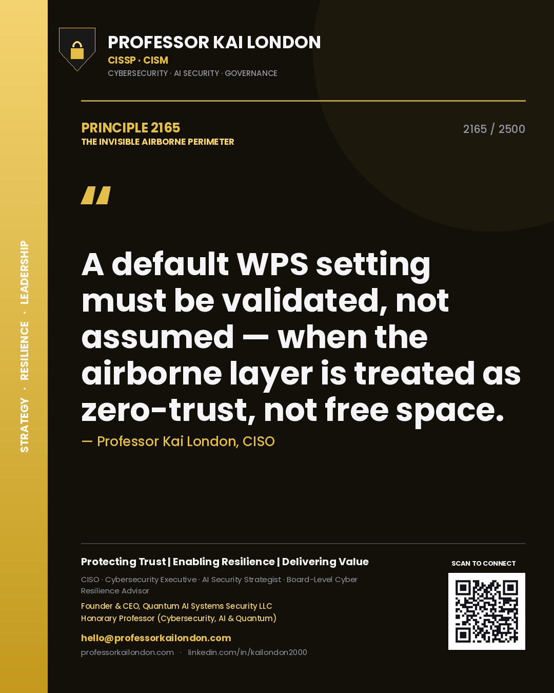 Quote card by Professor Kai London reading 'A default WPS setting must be validated, not assumed — when the airborne layer is treated as zero-trust, not free space.'. From the book The Invisible Airborne Perimeter.