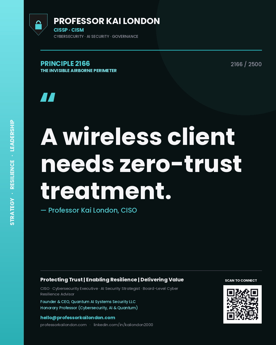 Quote card by Professor Kai London reading 'A wireless client needs zero-trust treatment.'. From the book The Invisible Airborne Perimeter.