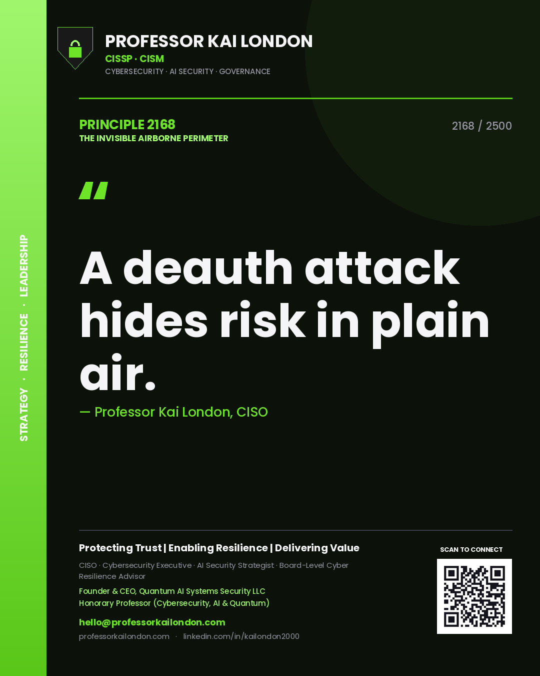 Quote card by Professor Kai London reading 'A deauth attack hides risk in plain air.'. From the book The Invisible Airborne Perimeter.