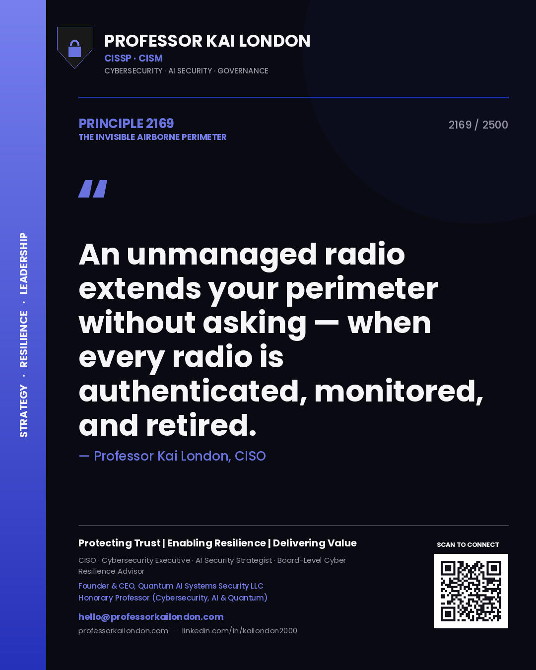 Quote card by Professor Kai London reading 'An unmanaged radio extends your perimeter without asking — when every radio is authenticated, monitored, and retired.'. From the book The Invisible Airborne Perimeter.