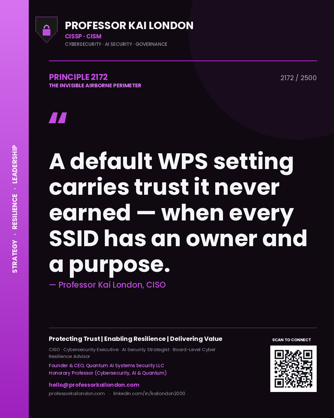 Quote card by Professor Kai London reading 'A default WPS setting carries trust it never earned — when every SSID has an owner and a purpose.'. From the book The Invisible Airborne Perimeter.