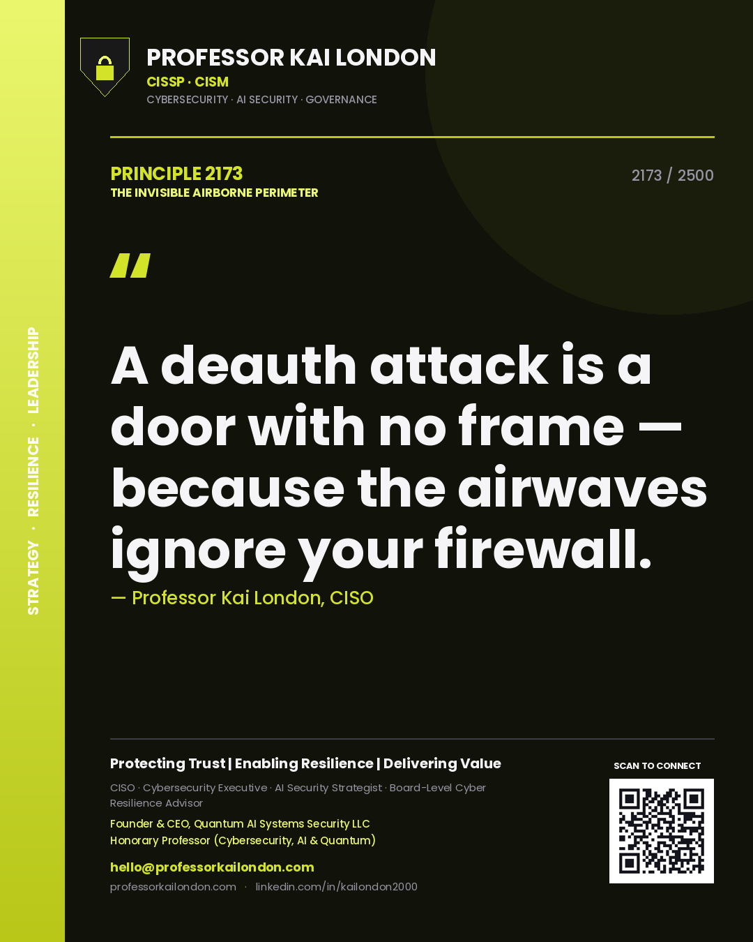 Quote card by Professor Kai London reading 'A deauth attack is a door with no frame — because the airwaves ignore your firewall.'. From the book The Invisible Airborne Perimeter.