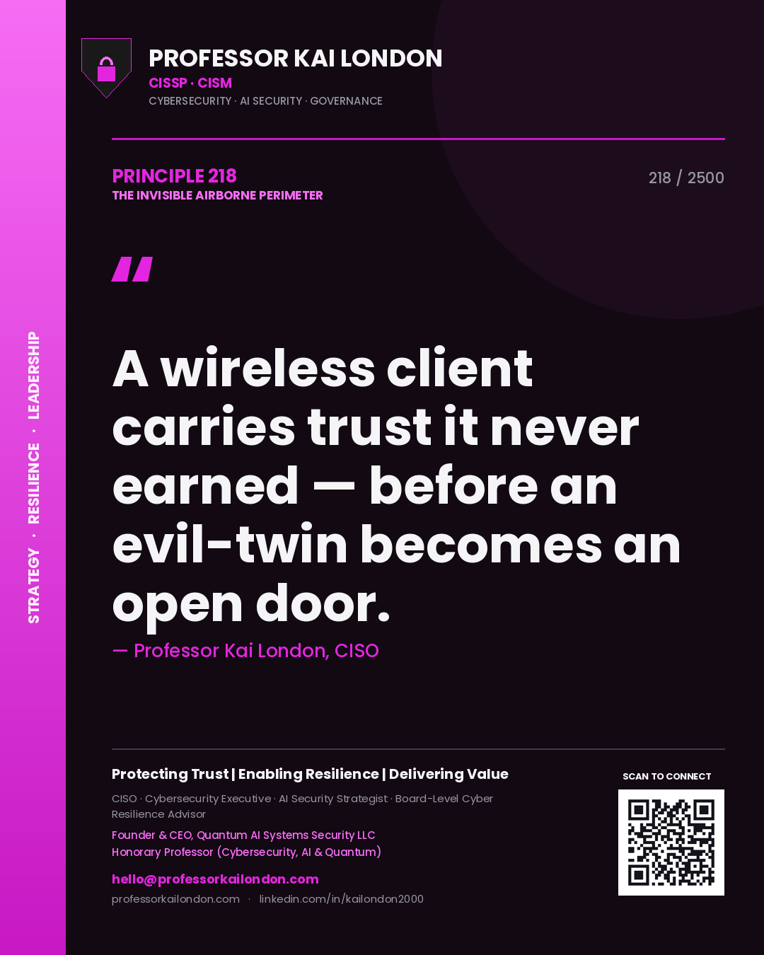 Quote card by Professor Kai London reading 'A wireless client carries trust it never earned — before an evil-twin becomes an open door.'. From the book The Invisible Airborne Perimeter.