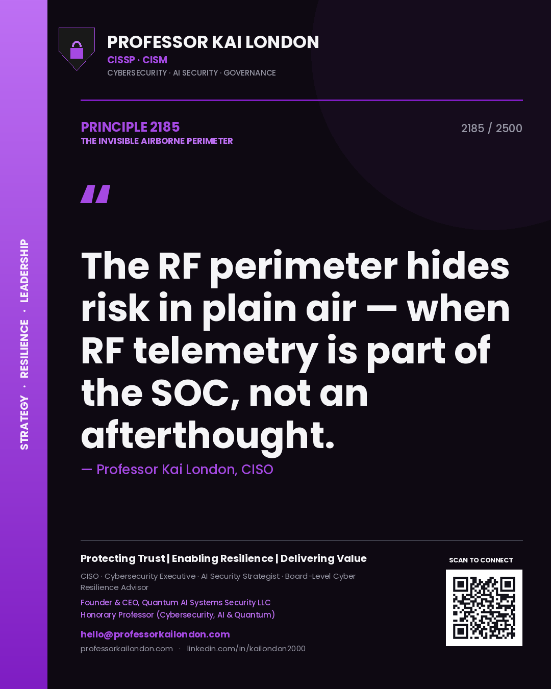 Quote card by Professor Kai London reading 'The RF perimeter hides risk in plain air — when RF telemetry is part of the SOC, not an afterthought.'. From the book The Invisible Airborne Perimeter.