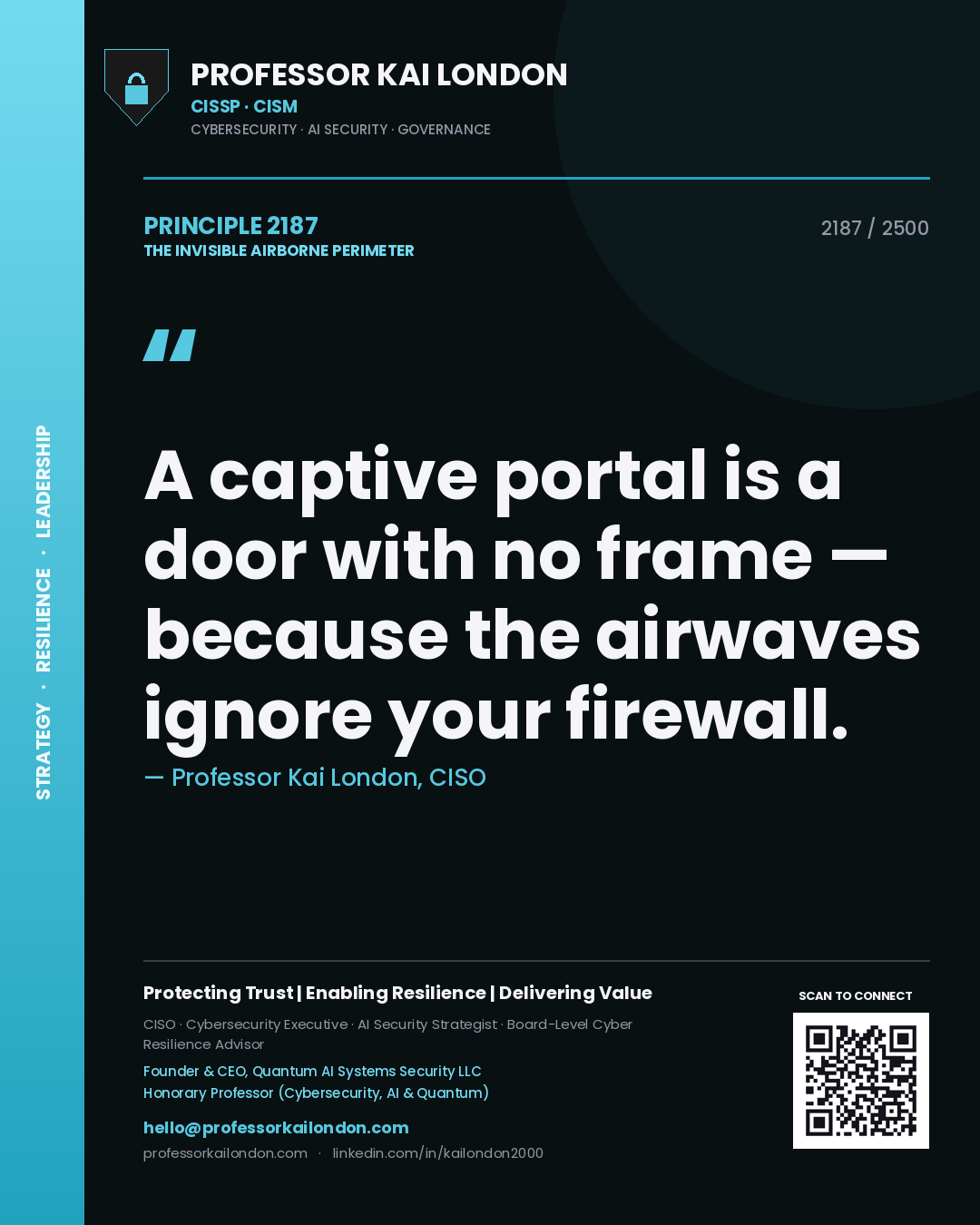 Quote card by Professor Kai London reading 'A captive portal is a door with no frame — because the airwaves ignore your firewall.'. From the book The Invisible Airborne Perimeter.