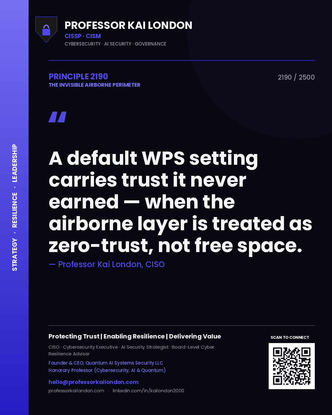 Quote card by Professor Kai London reading 'A default WPS setting carries trust it never earned — when the airborne layer is treated as zero-trust, not free space.'. From the book The Invisible Airborne Perimeter.