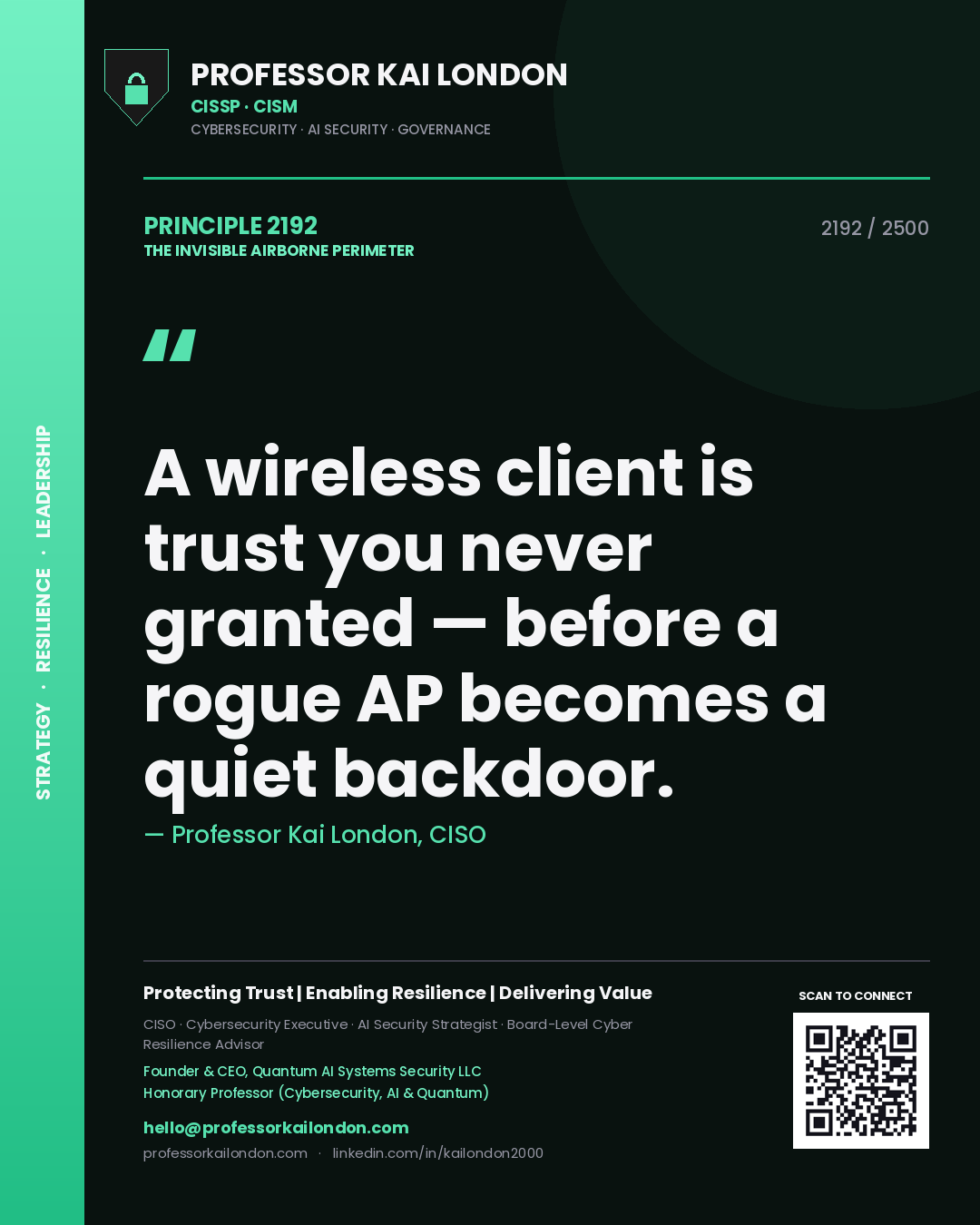 Professor Kai London principle 2192: A wireless client is trust you never granted — before a rogue AP becomes a quiet backdoor.