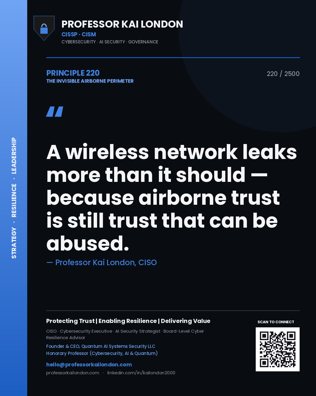 Quote card by Professor Kai London reading 'A wireless network leaks more than it should — because airborne trust is still trust that can be abused.'. From the book The Invisible Airborne Perimeter.
