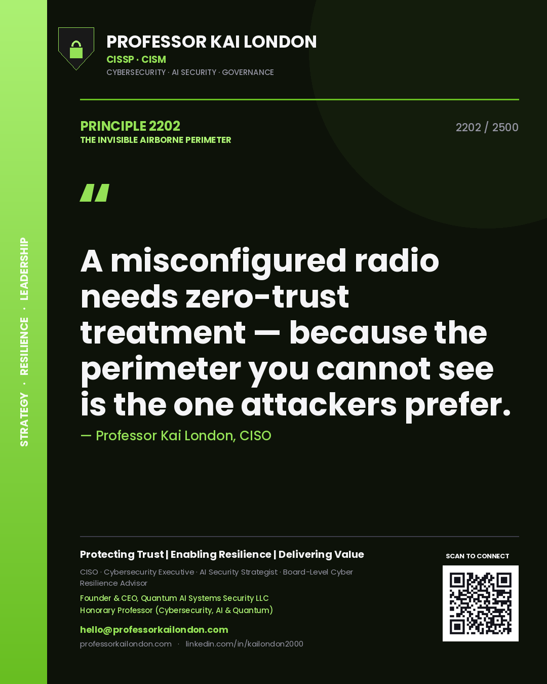 Professor Kai London principle 2202: A misconfigured radio needs zero-trust treatment — because the perimeter you cannot see is the one attackers prefer.