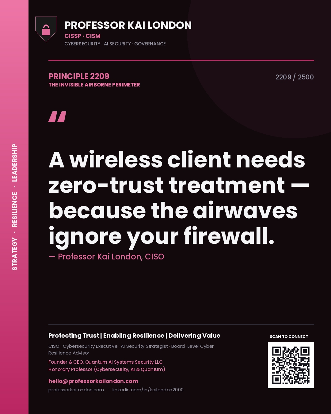 Quote card by Professor Kai London reading 'A wireless client needs zero-trust treatment — because the airwaves ignore your firewall.'. From the book The Invisible Airborne Perimeter.