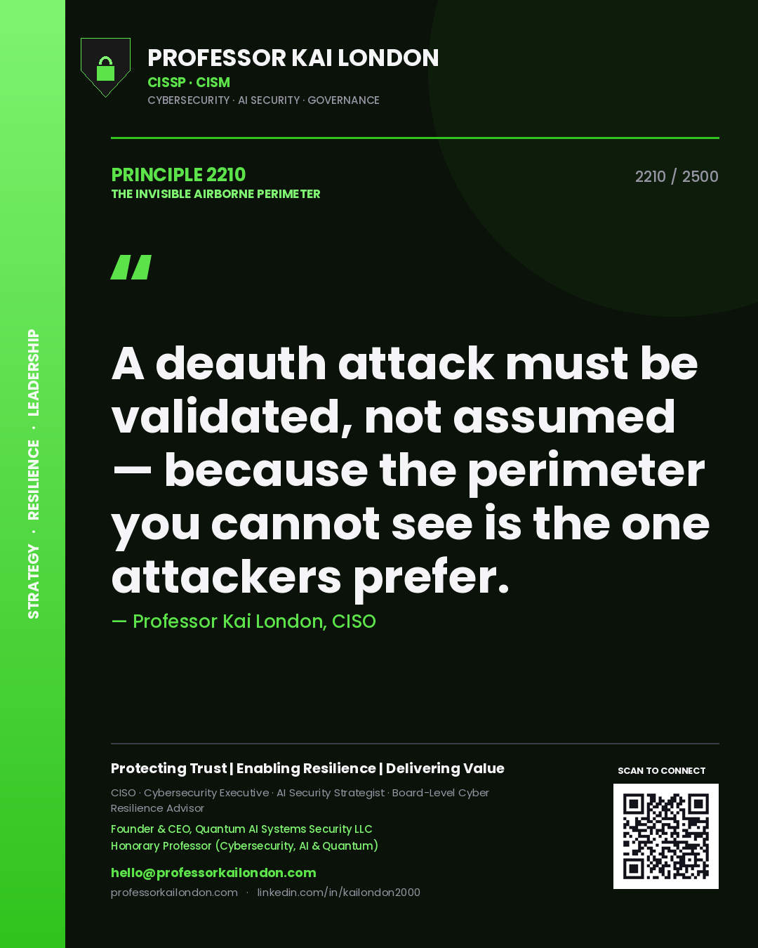 Quote card by Professor Kai London reading 'A deauth attack must be validated, not assumed — because the perimeter you cannot see is the one attackers prefer.'. From the book The Invisible Airborne Perimeter.