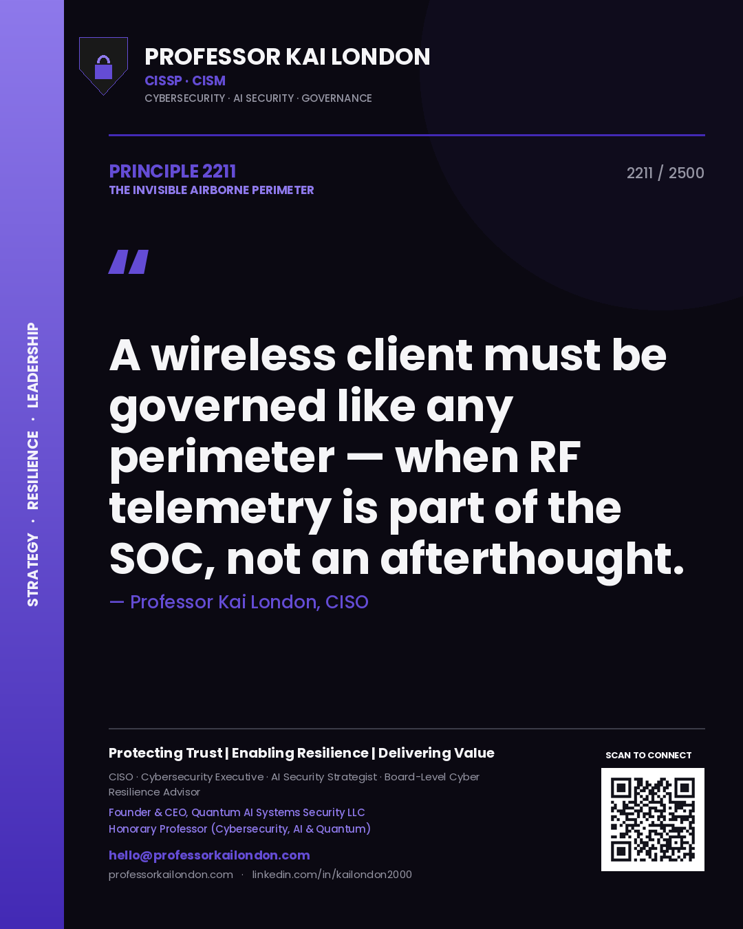 Quote card by Professor Kai London reading 'A wireless client must be governed like any perimeter — when RF telemetry is part of the SOC, not an afterthought.'. From the book The Invisible Airborne Perimeter.