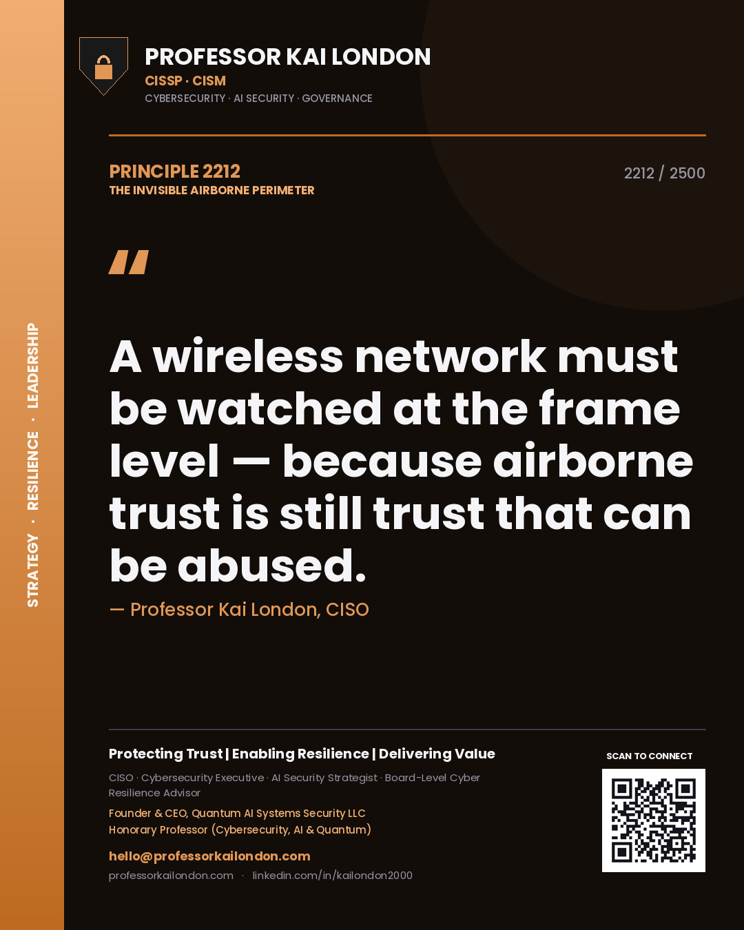 Quote card by Professor Kai London reading 'A wireless network must be watched at the frame level — because airborne trust is still trust that can be abused.'. From the book The Invisible Airborne Perimeter.