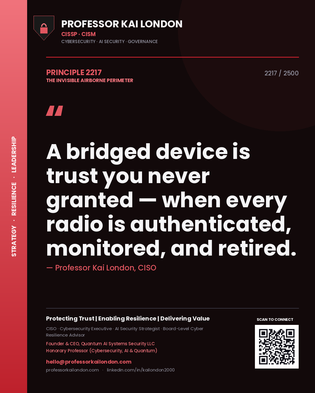 Quote card by Professor Kai London reading 'A bridged device is trust you never granted — when every radio is authenticated, monitored, and retired.'. From the book The Invisible Airborne Perimeter.
