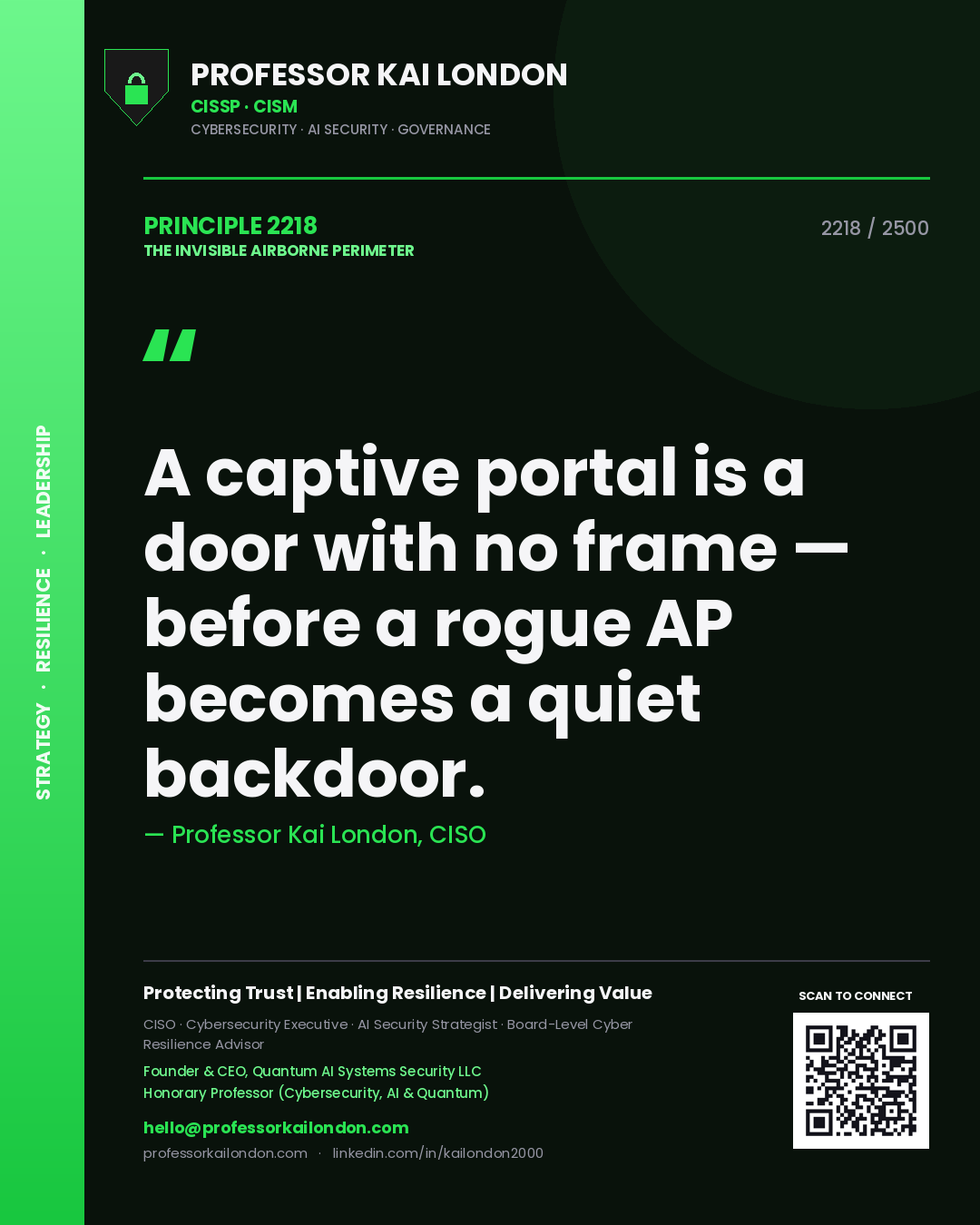 Quote card by Professor Kai London reading 'A captive portal is a door with no frame — before a rogue AP becomes a quiet backdoor.'. From the book The Invisible Airborne Perimeter.