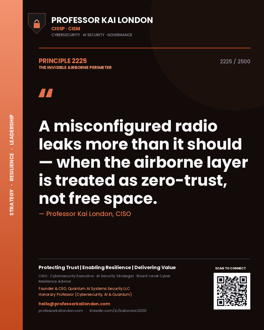Quote card by Professor Kai London reading 'A misconfigured radio leaks more than it should — when the airborne layer is treated as zero-trust, not free space.'. From the book The Invisible Airborne Perimeter.
