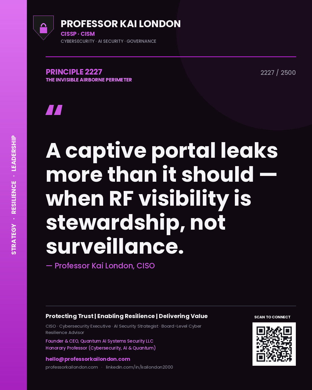 Quote card by Professor Kai London reading 'A captive portal leaks more than it should — when RF visibility is stewardship, not surveillance.'. From the book The Invisible Airborne Perimeter.
