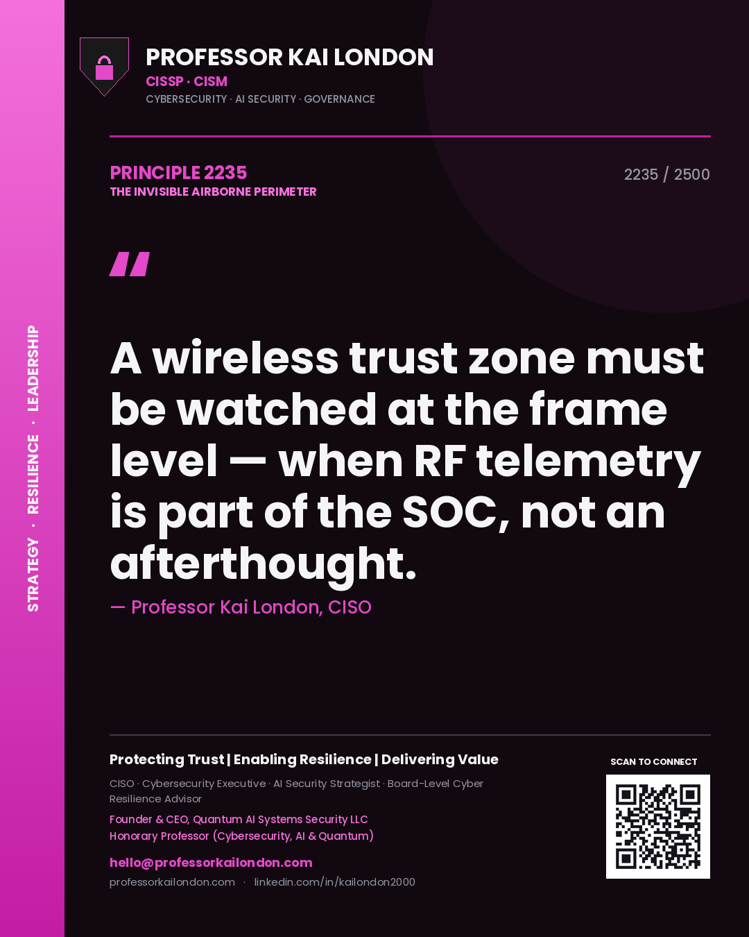 Professor Kai London principle 2235: A wireless trust zone must be watched at the frame level — when RF telemetry is part of the SOC, not an afterthought.