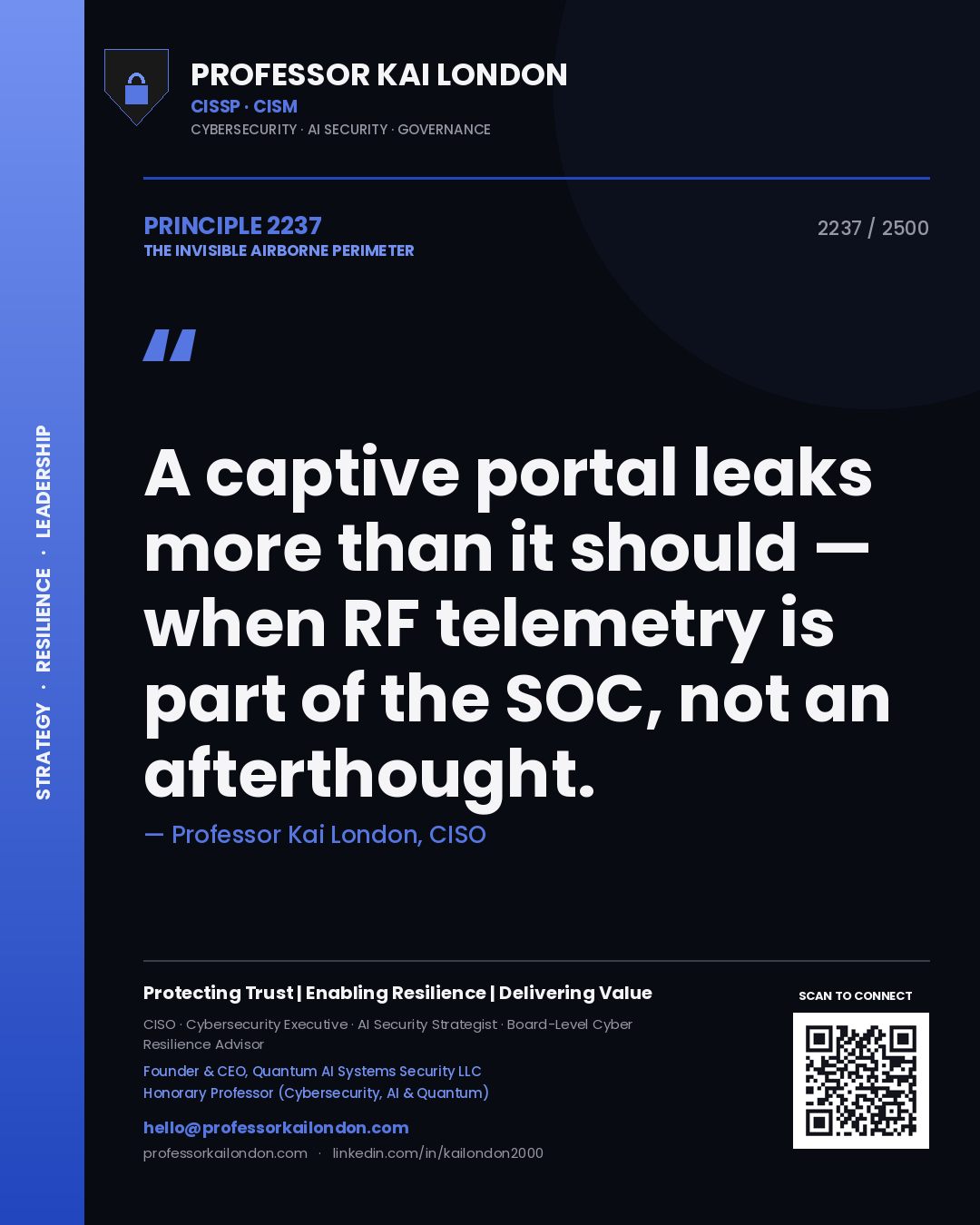 Quote card by Professor Kai London reading 'A captive portal leaks more than it should — when RF telemetry is part of the SOC, not an afterthought.'. From the book The Invisible Airborne Perimeter.