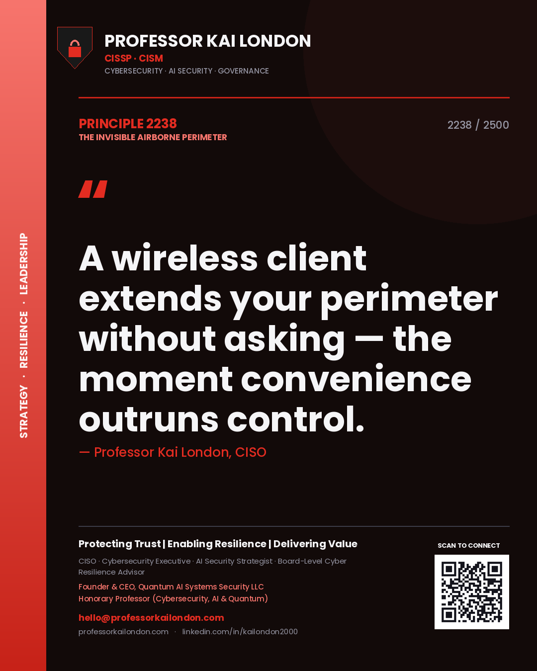Quote card by Professor Kai London reading 'A wireless client extends your perimeter without asking — the moment convenience outruns control.'. From the book The Invisible Airborne Perimeter.