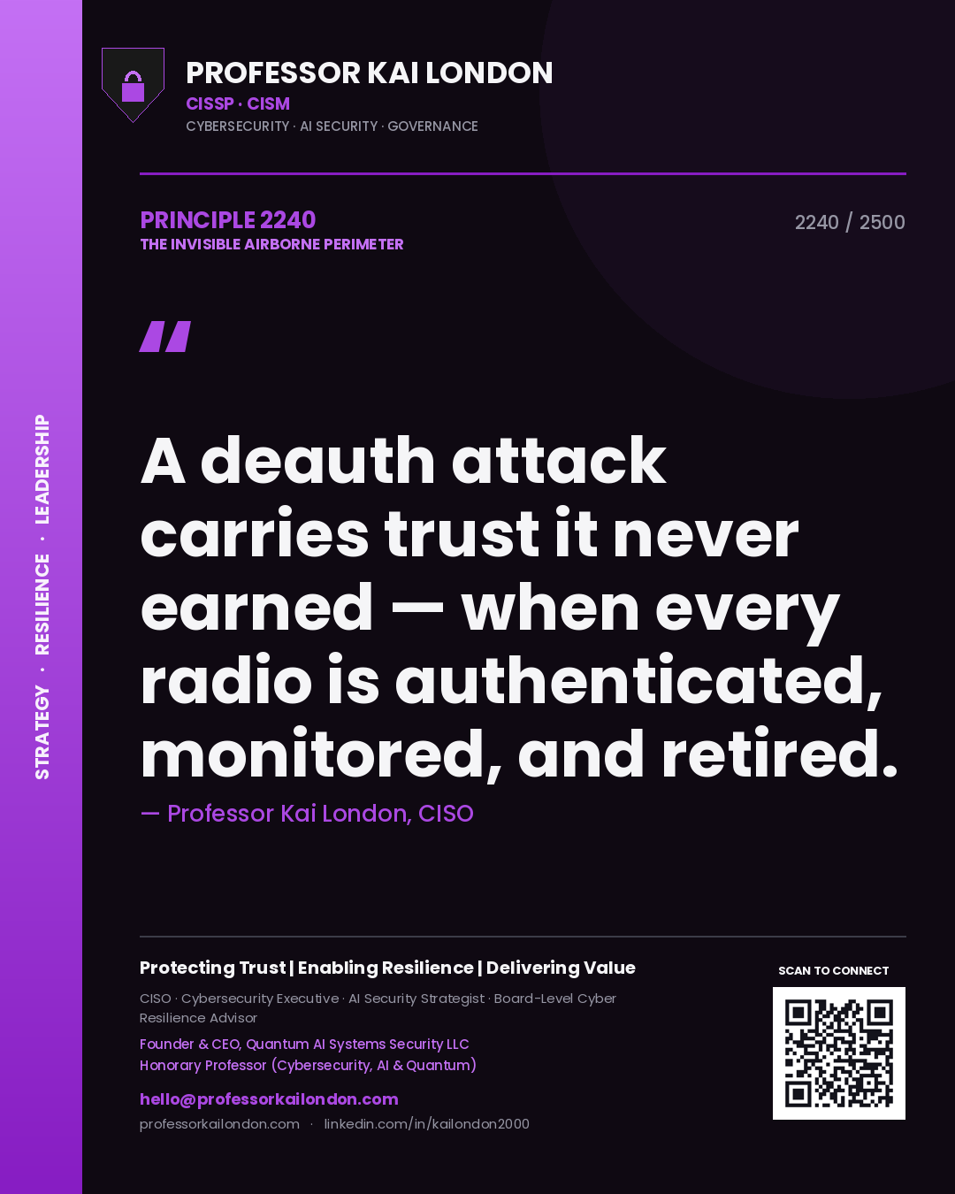 Quote card by Professor Kai London reading 'A deauth attack carries trust it never earned — when every radio is authenticated, monitored, and retired.'. From the book The Invisible Airborne Perimeter.