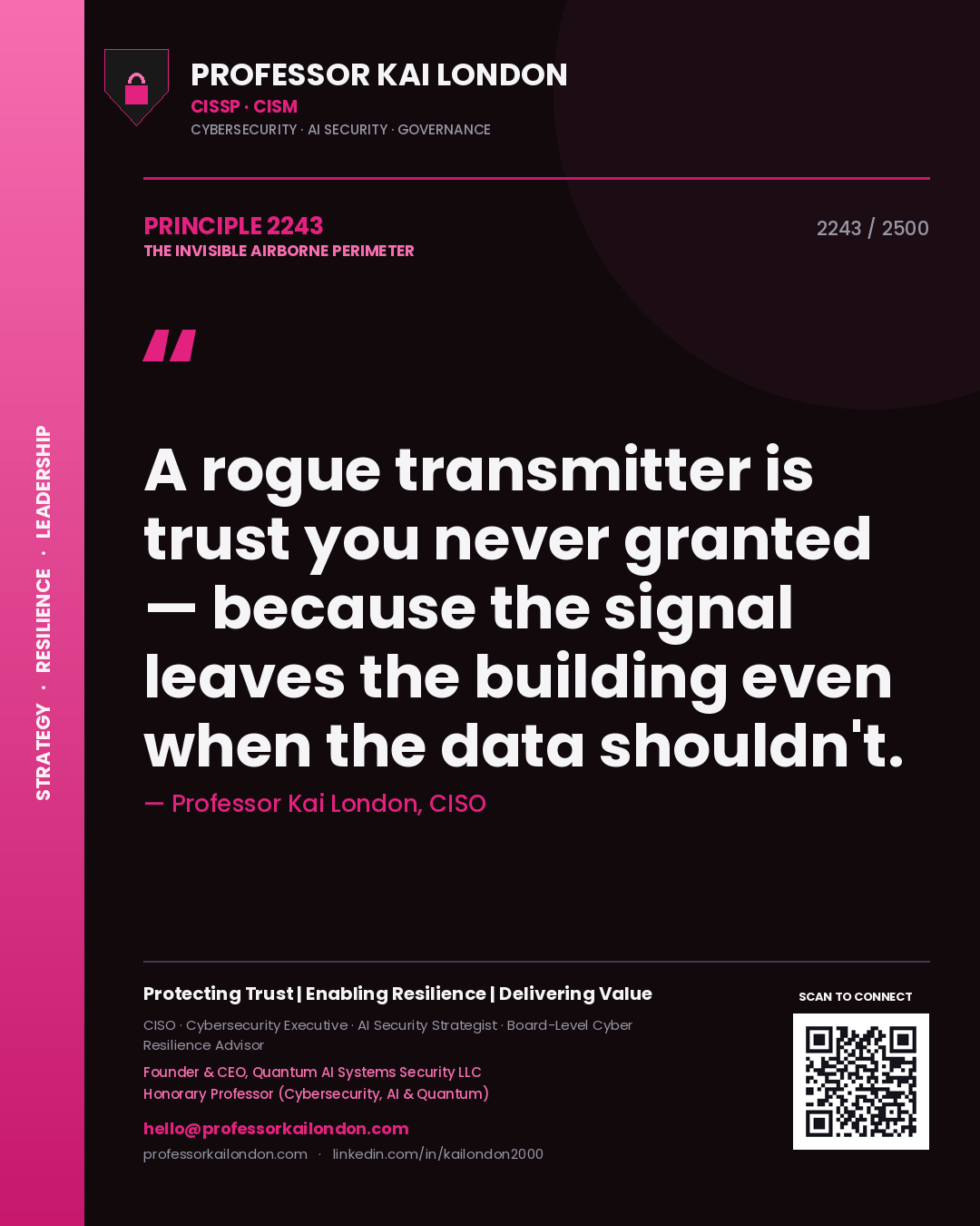 Professor Kai London principle 2243: A rogue transmitter is trust you never granted — because the signal leaves the building even when the data shouldn't.
