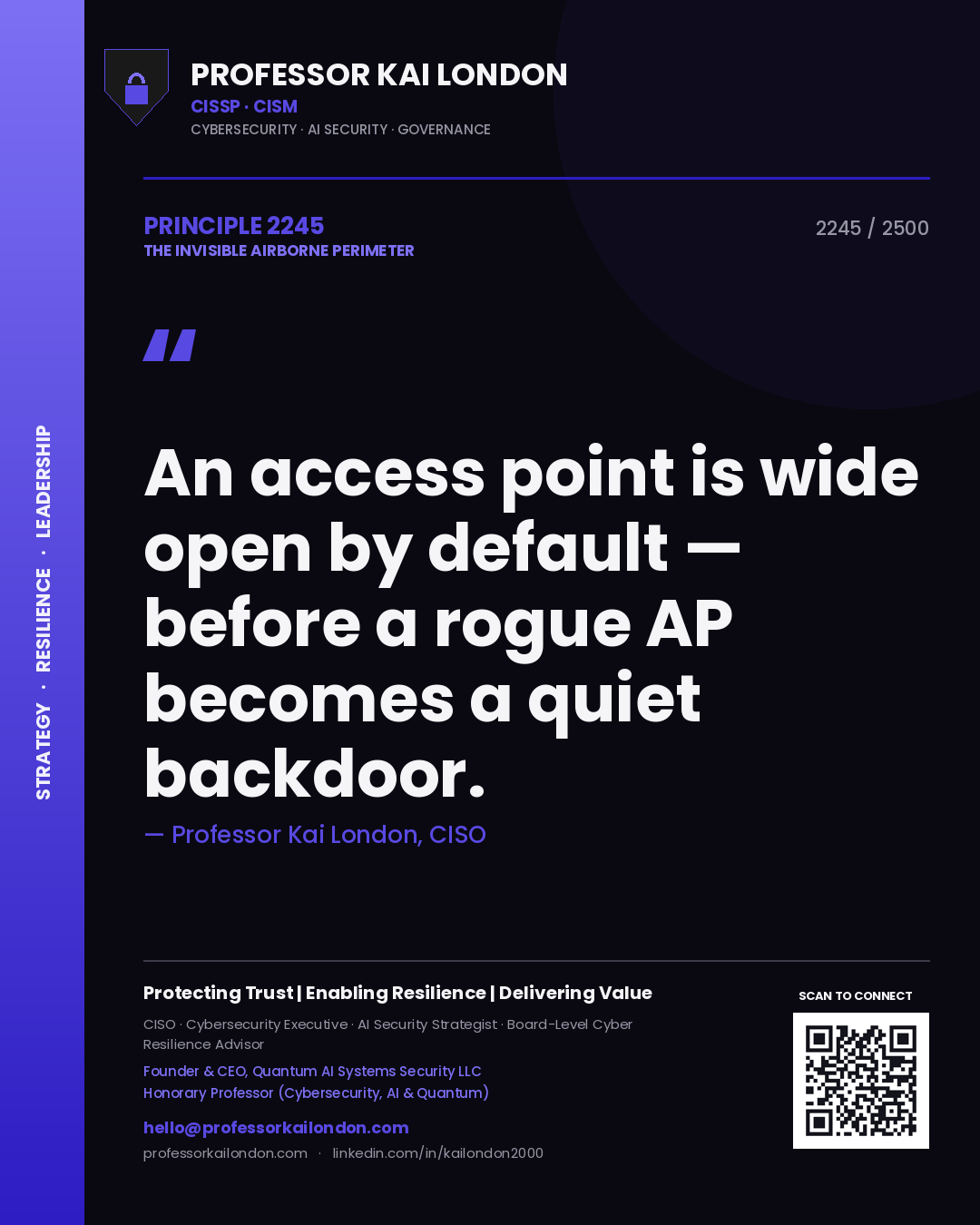 Quote card by Professor Kai London reading 'An access point is wide open by default — before a rogue AP becomes a quiet backdoor.'. From the book The Invisible Airborne Perimeter.