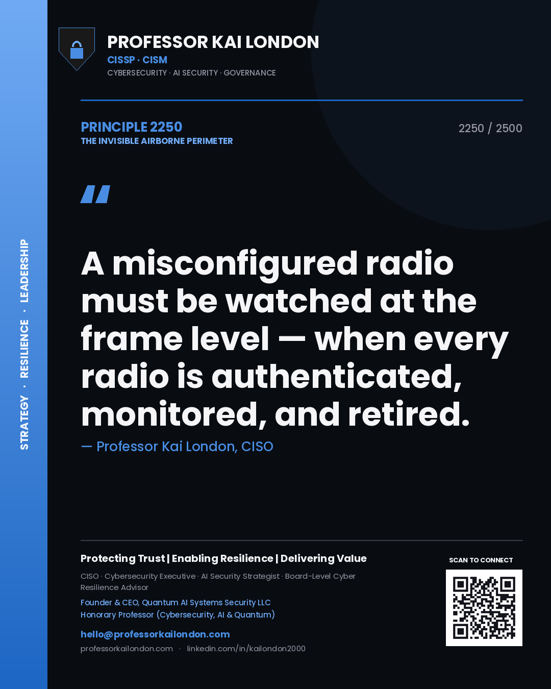 Quote card by Professor Kai London reading 'A misconfigured radio must be watched at the frame level — when every radio is authenticated, monitored, and retired.'. From the book The Invisible Airborne Perimeter.
