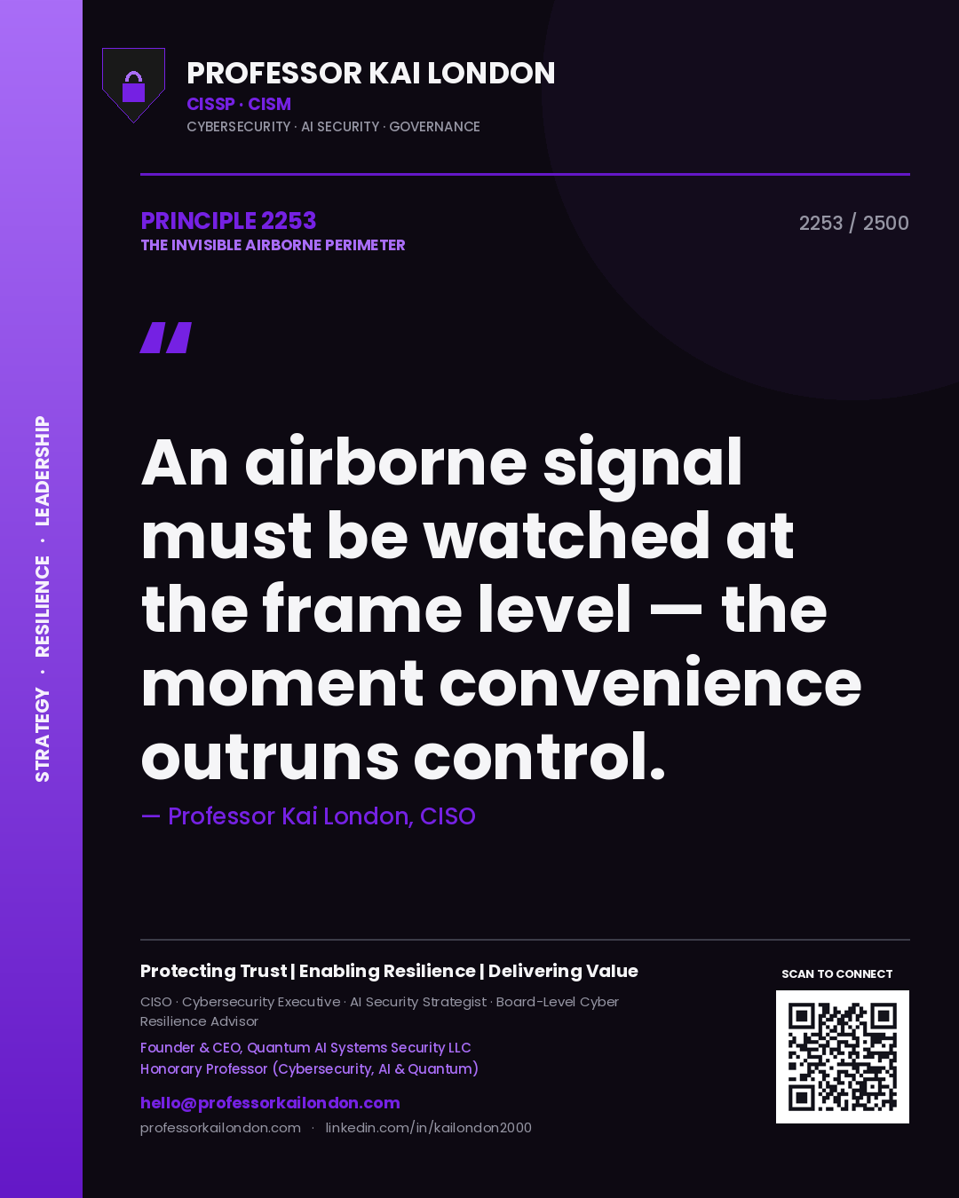 Quote card by Professor Kai London reading 'An airborne signal must be watched at the frame level — the moment convenience outruns control.'. From the book The Invisible Airborne Perimeter.