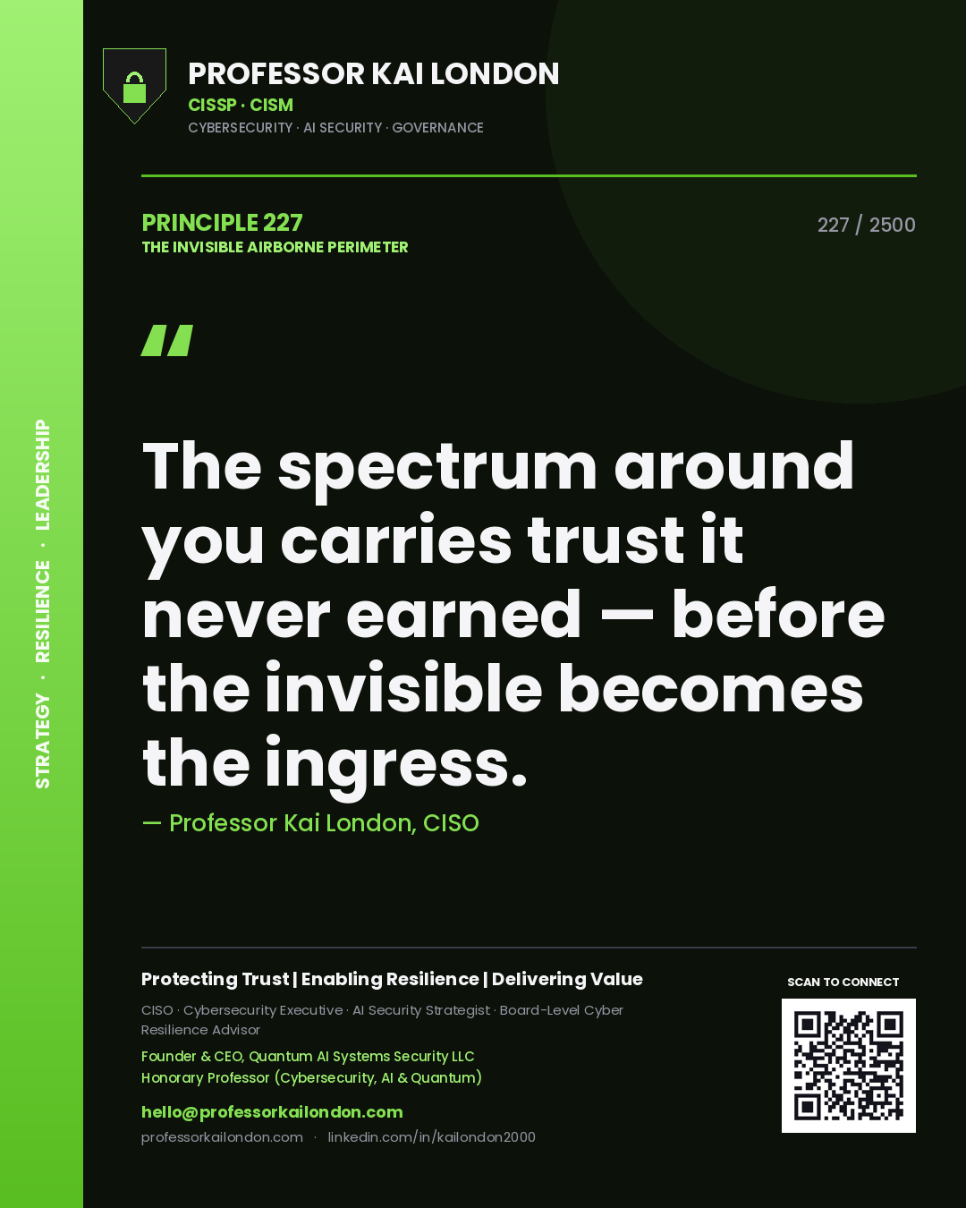 Quote card by Professor Kai London reading 'The spectrum around you carries trust it never earned — before the invisible becomes the ingress.'. From the book The Invisible Airborne Perimeter.