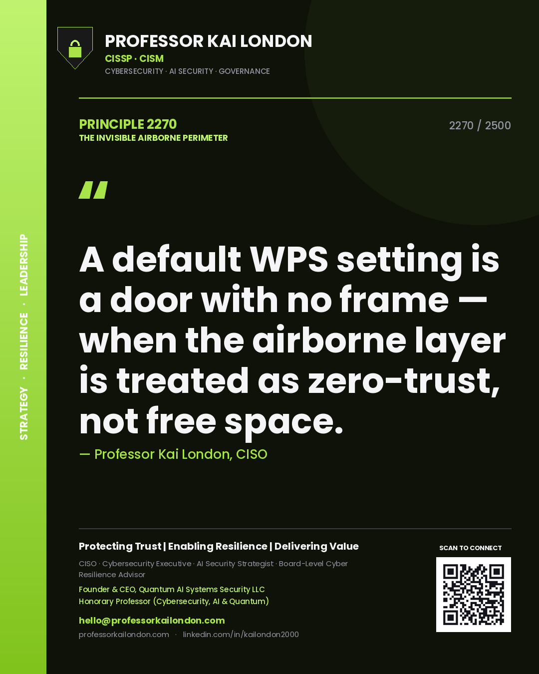Quote card by Professor Kai London reading 'A default WPS setting is a door with no frame — when the airborne layer is treated as zero-trust, not free space.'. From the book The Invisible Airborne Perimeter.
