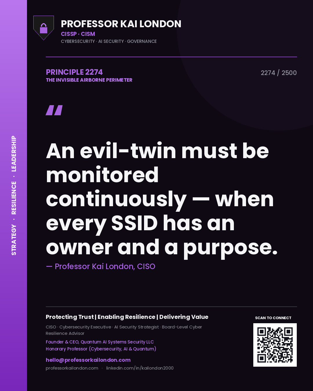 Quote card by Professor Kai London reading 'An evil-twin must be monitored continuously — when every SSID has an owner and a purpose.'. From the book The Invisible Airborne Perimeter.