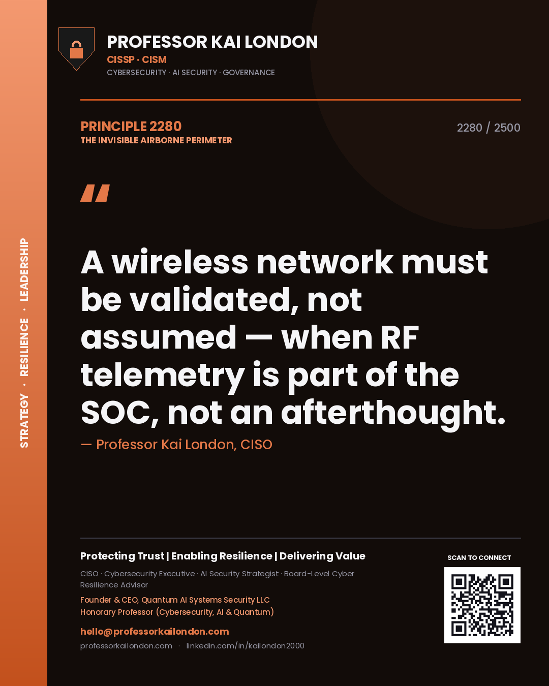 Quote card by Professor Kai London reading 'A wireless network must be validated, not assumed — when RF telemetry is part of the SOC, not an afterthought.'. From the book The Invisible Airborne Perimeter.