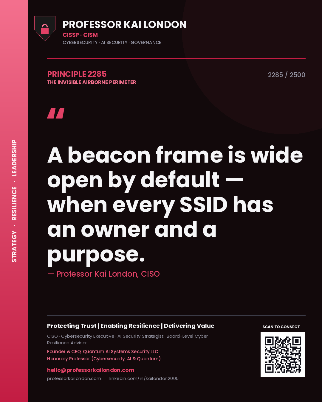 Professor Kai London principle 2285: A beacon frame is wide open by default — when every SSID has an owner and a purpose.