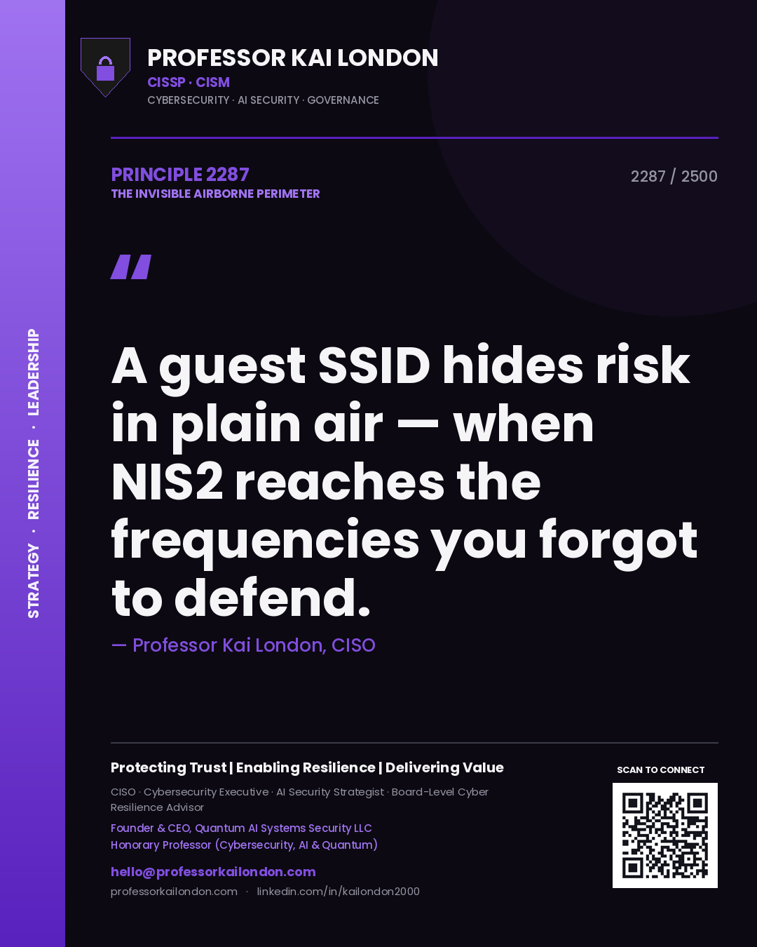 Quote card by Professor Kai London reading 'A guest SSID hides risk in plain air — when NIS2 reaches the frequencies you forgot to defend.'. From the book The Invisible Airborne Perimeter.