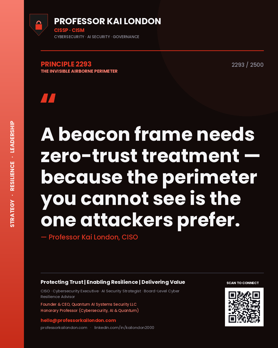 Quote card by Professor Kai London reading 'A beacon frame needs zero-trust treatment — because the perimeter you cannot see is the one attackers prefer.'. From the book The Invisible Airborne Perimeter.