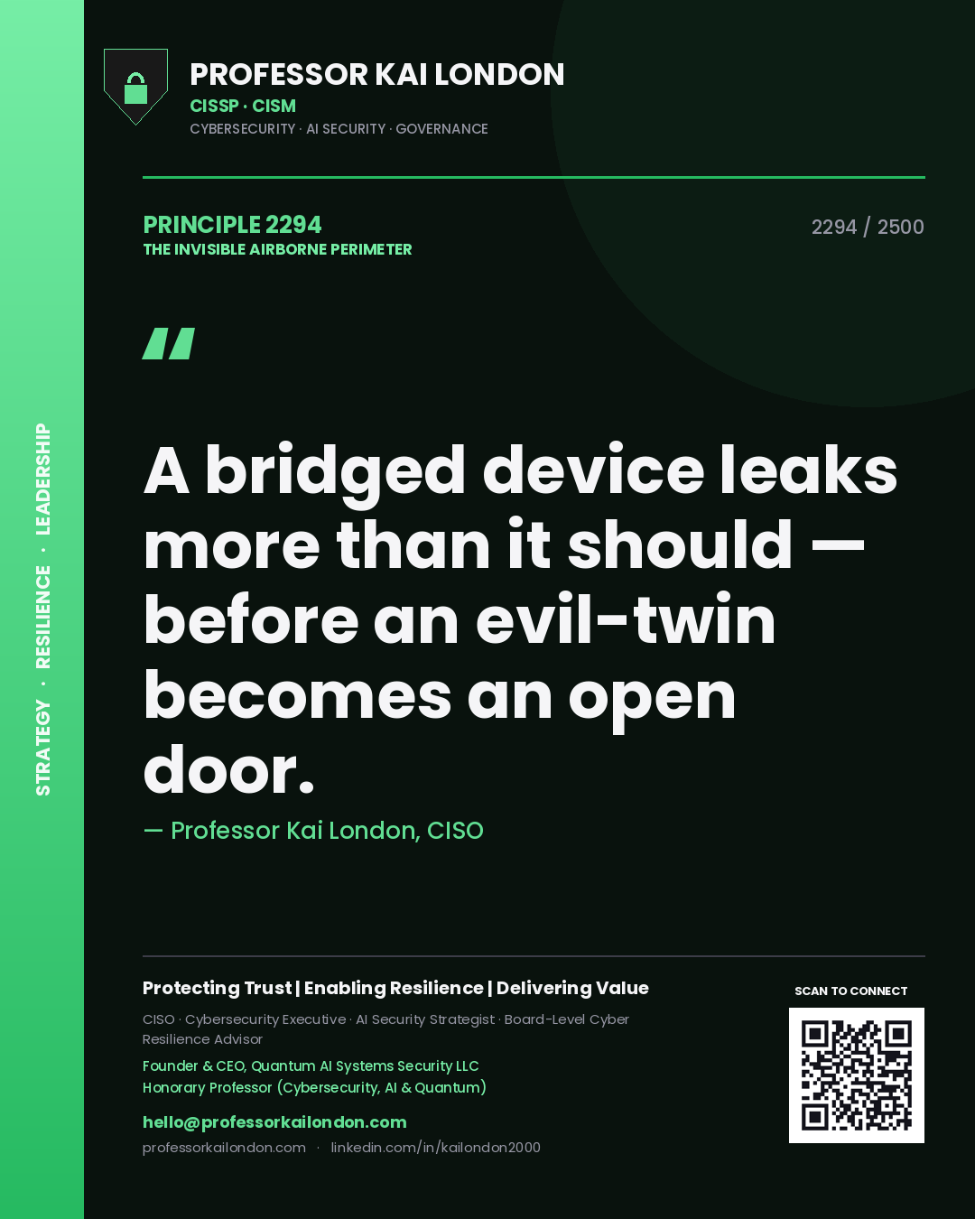 Professor Kai London principle 2294: A bridged device leaks more than it should — before an evil-twin becomes an open door.