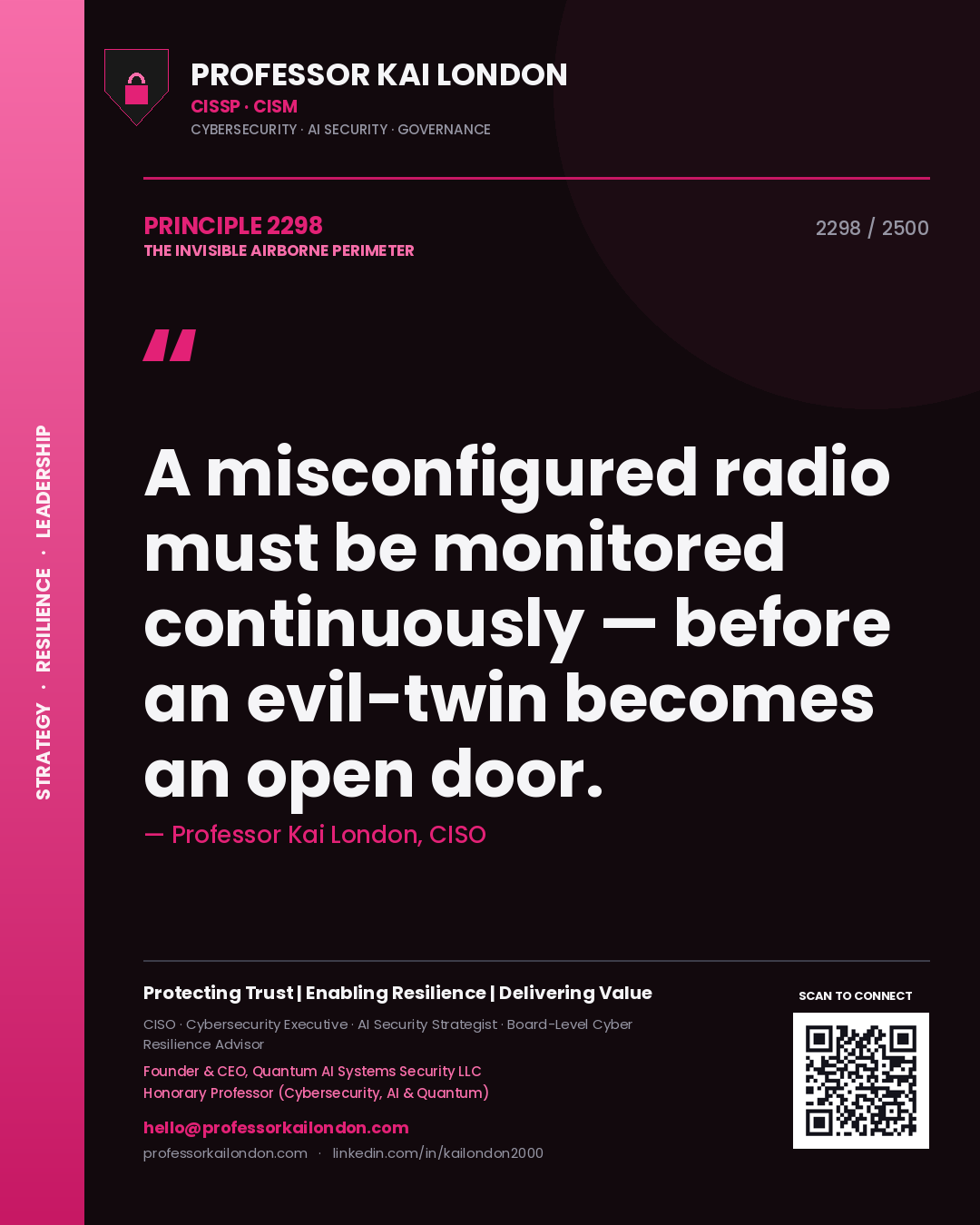 Quote card by Professor Kai London reading 'A misconfigured radio must be monitored continuously — before an evil-twin becomes an open door.'. From the book The Invisible Airborne Perimeter.