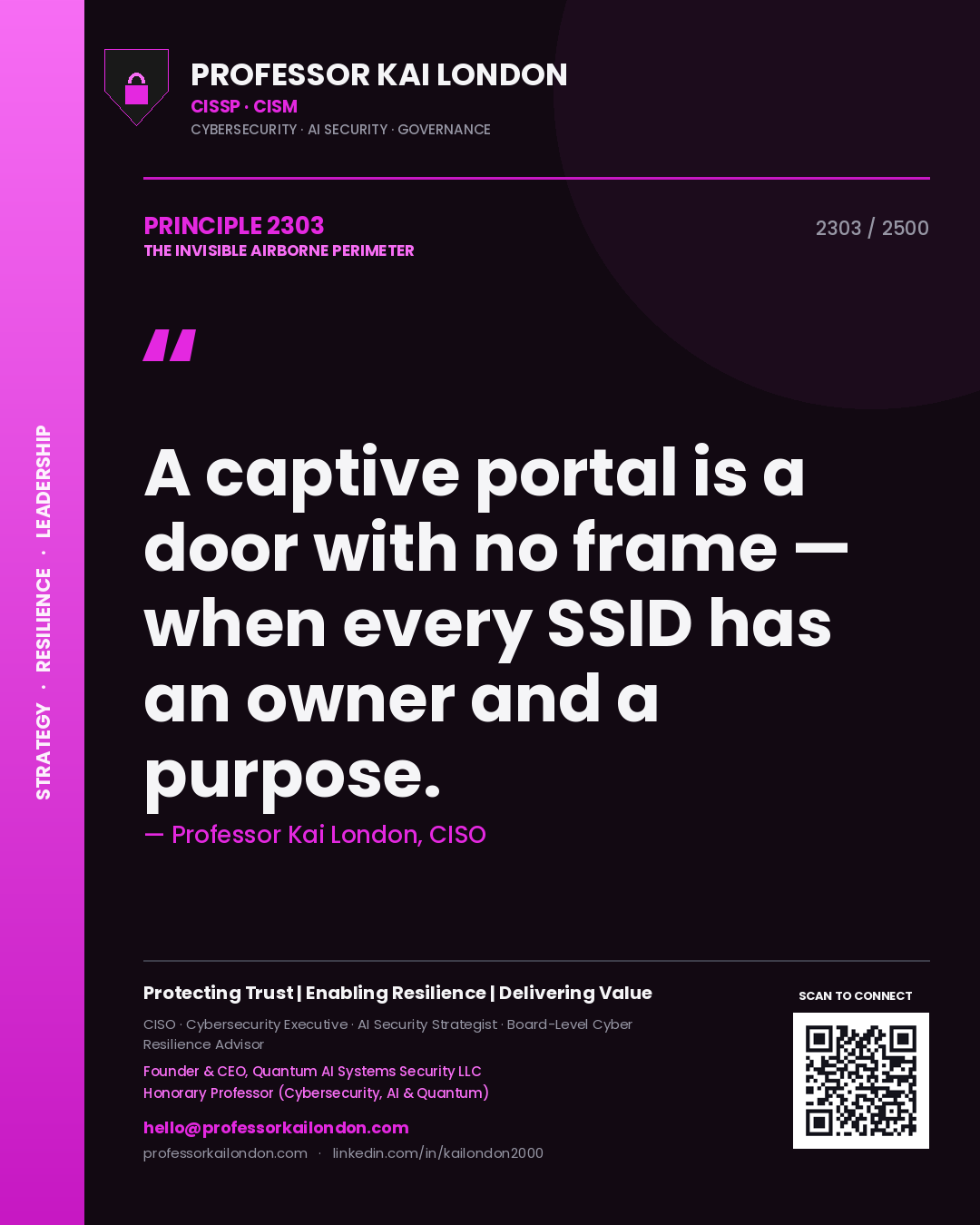 Professor Kai London principle 2303: A captive portal is a door with no frame — when every SSID has an owner and a purpose.