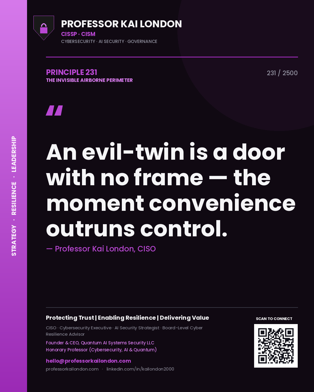 Quote card by Professor Kai London reading 'An evil-twin is a door with no frame — the moment convenience outruns control.'. From the book The Invisible Airborne Perimeter.